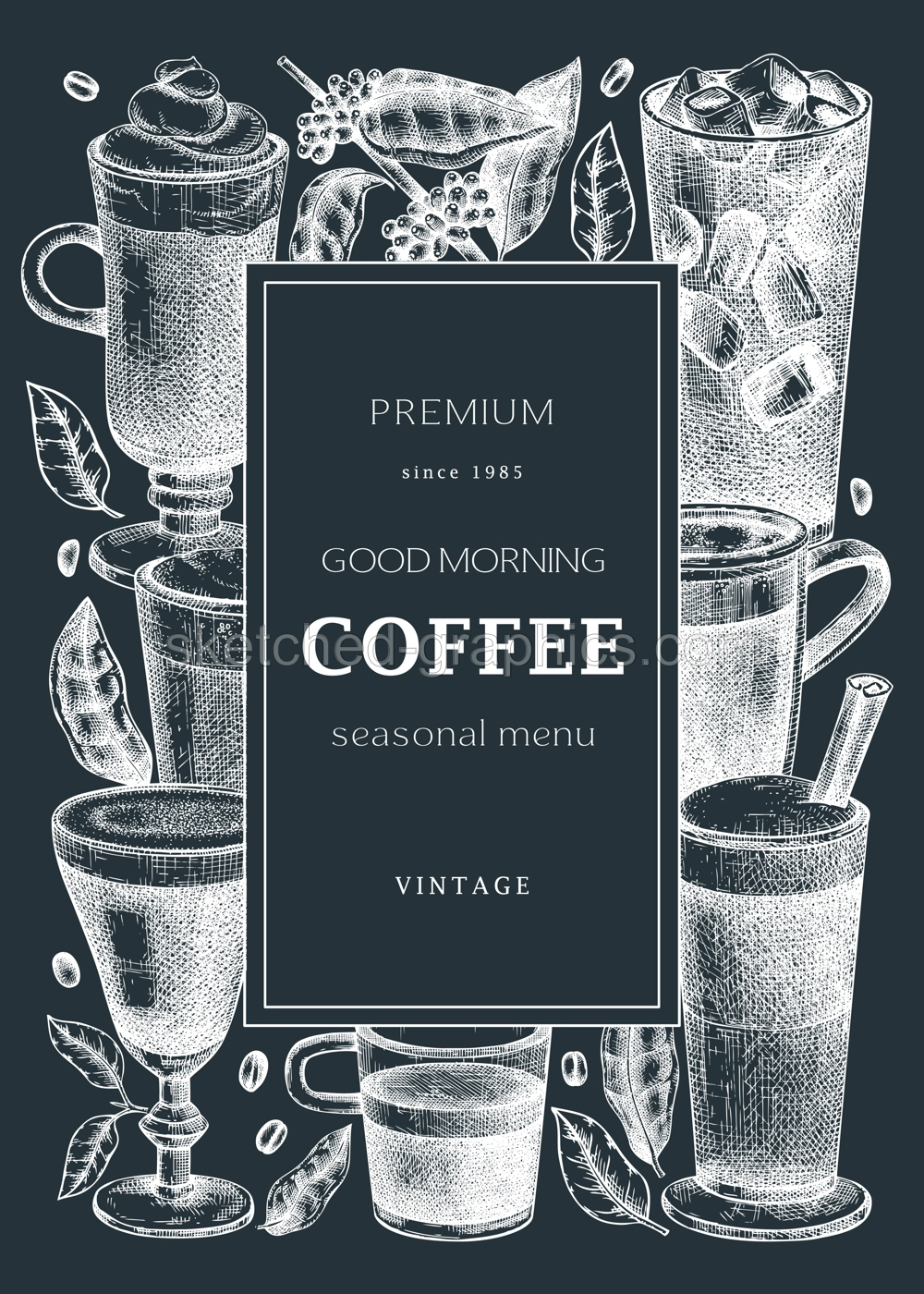 Hand-sketched coffee card or flyer on chalkboard. Vector sketches of mugs with aromatic drinks design. With botanical coffee plants, leaves and beans in vintage style. Vector beverages template Illustration